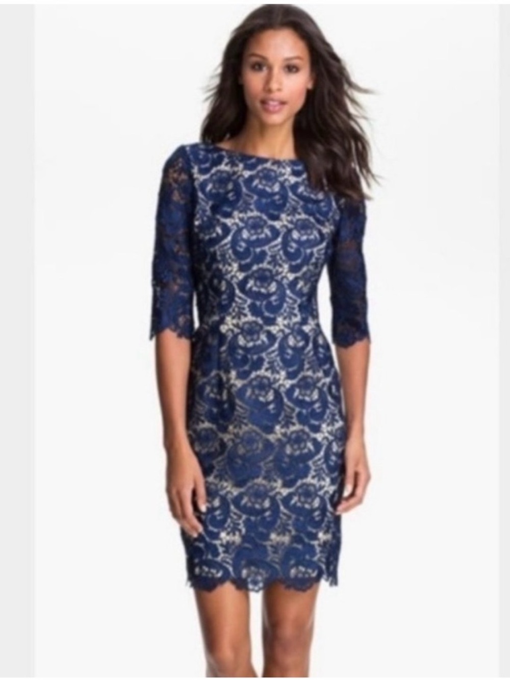 Eliza J Navy Lace Sheath Dress with Cream Underlay